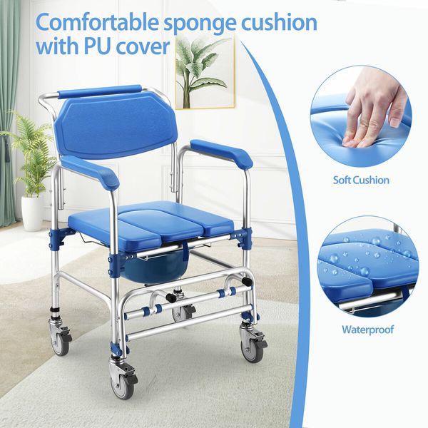 Commode Shower Chair Toilet Seat Wheelchair 3in1 Bath Stool Bathroom Bedside Mobility Raised Seating Furniture with Arms