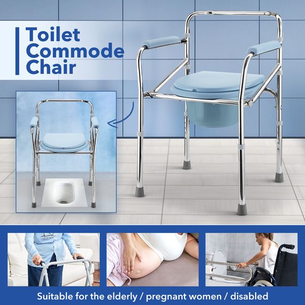 Commode Shower Chair Toilet Seat 3in1 Wheelchair Bath Stool Bedside Adjustable Seating Medical Elderly Aid with Arms