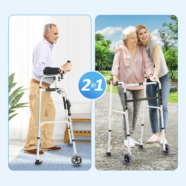 2in1 Folding Walker Medical Aid Elderly Mobility Walking Height Arm Adjustable Toilet Outdoor Aluminium Wheels Lightweight