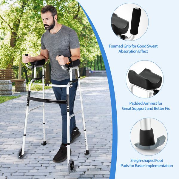 2in1 Folding Walker Medical Aid Elderly Mobility Walking Height Arm Adjustable Toilet Outdoor Aluminium Wheels Lightweight