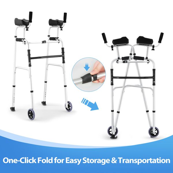 2in1 Folding Walker Medical Aid Elderly Mobility Walking Height Arm Adjustable Toilet Outdoor Aluminium Wheels Lightweight