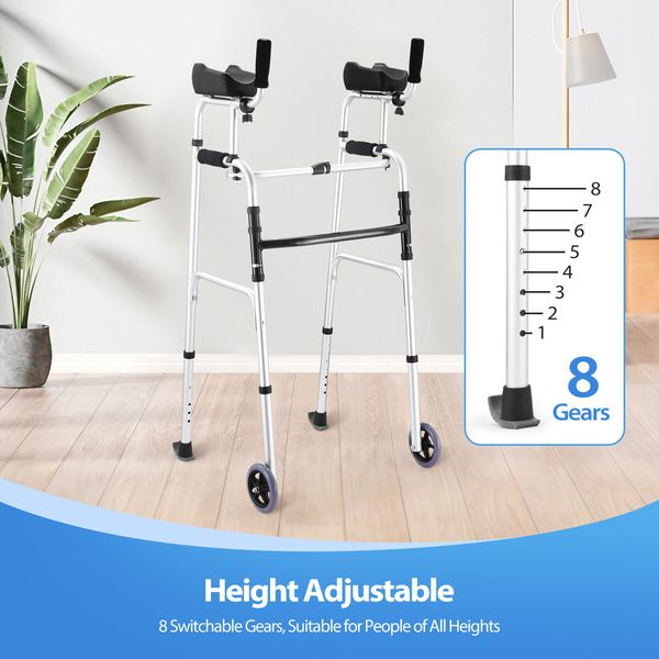 2in1 Folding Walker Medical Aid Elderly Mobility Walking Height Arm Adjustable Toilet Outdoor Aluminium Wheels Lightweight