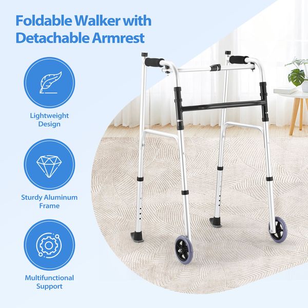 2in1 Folding Walker Medical Aid Elderly Mobility Walking Height Arm Adjustable Toilet Outdoor Aluminium Wheels Lightweight