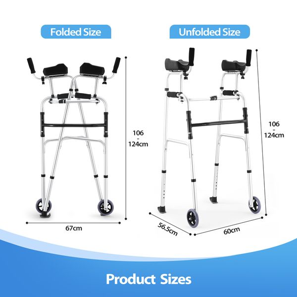 2in1 Folding Walker Medical Aid Elderly Mobility Walking Height Arm Adjustable Toilet Outdoor Aluminium Wheels Lightweight