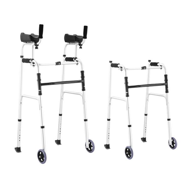 2in1 Folding Walker Medical Aid Elderly Mobility Walking Height Arm Adjustable Toilet Outdoor Aluminium Wheels Lightweight