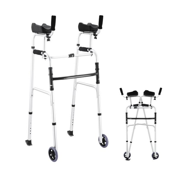 2in1 Folding Walker Medical Aid Elderly Mobility Walking Height Arm Adjustable Toilet Outdoor Aluminium Wheels Lightweight