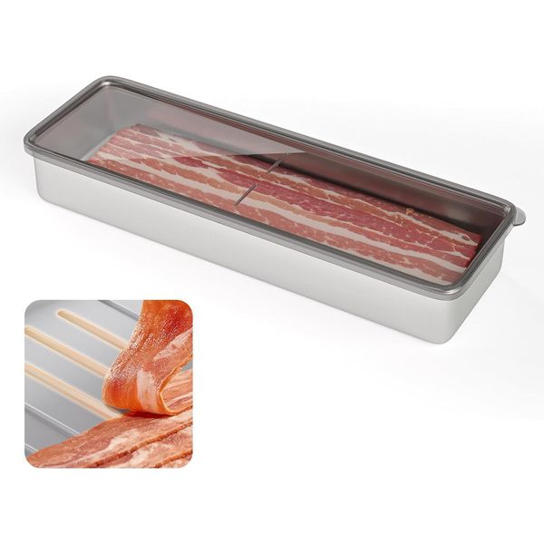 Bacon Container for Refrigerator,304 Stainless Steel Airtight Deli Meat Storage Containers for Fridge Dishwasher Safe Long Kitchen Food Storage Containers with Lids with Elevated Base