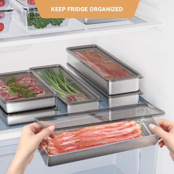 Bacon Container for Refrigerator,304 Stainless Steel Airtight Deli Meat Storage Containers for Fridge Dishwasher Safe Long Kitchen Food Storage Containers with Lids with Elevated Base