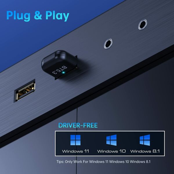 USB Bluetooth Dongle 5.3 Adapter PC Desktop Laptop Windows 11 10 8.1 Plug Play Mouse Keyboard Printer Headset Speaker PS4 Controller Support