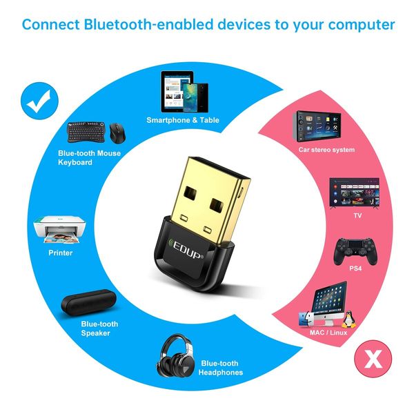 USB Bluetooth Dongle 5.3 Adapter PC Desktop Laptop Windows 11 10 8.1 Plug Play Mouse Keyboard Printer Headset Speaker PS4 Controller Support