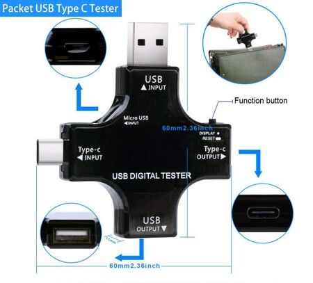 2in1 Type C USB Tester Color Screen LCD Digital Multimeter, USB C Voltage Current Voltmeter Amp Volt Ammeter Detector USB Cable Charger