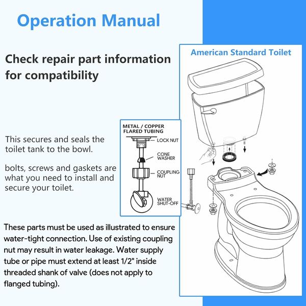 Toilet Tank to Bowl Gasket Kit for American Standards Toilet Part Champion 4 AS738756-0070A, 3 Inch Toilet Tank Replacement Kit Includes Gasket and Bolt Kit with Handle