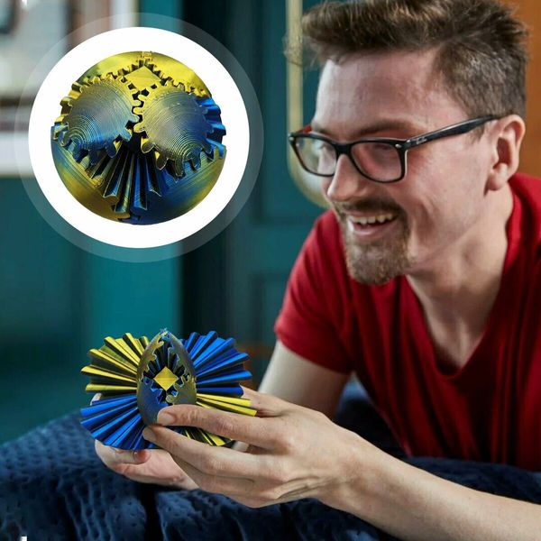 3D Printed Gear Ball Spin Ball Fidget Toy,Gear Ball Fidget Toy,Stress Ball,Gearsphere Desk Toy For Stressand Anxiety Relaxing (Blue And Gold)