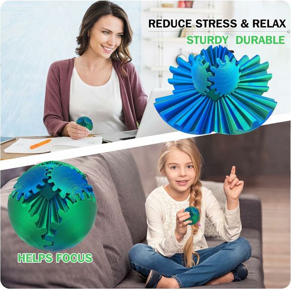 3D Printed Gear Ball Spin Ball Fidget Toy,Gear Ball Fidget Toy,Stress Ball,Desk Toy For Stressand Anxiety Relaxing (Blue And Green)