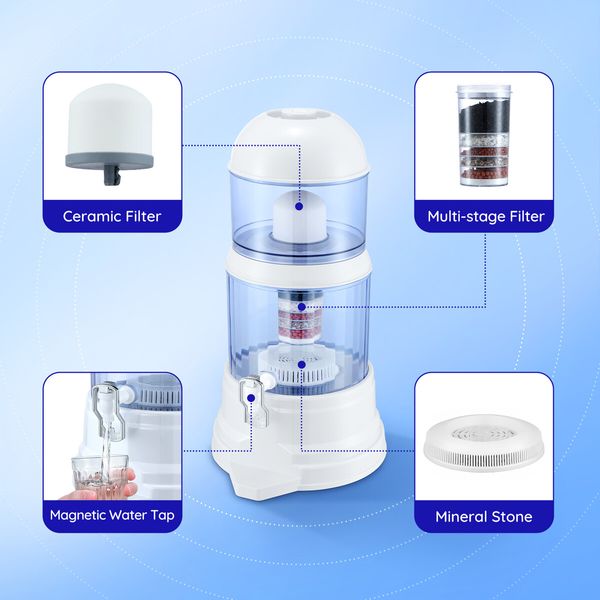 8 Stages Water Filter 16L Filtration Dispenser Countertop Home Office Mineral Carbon Ceramic Purifier System