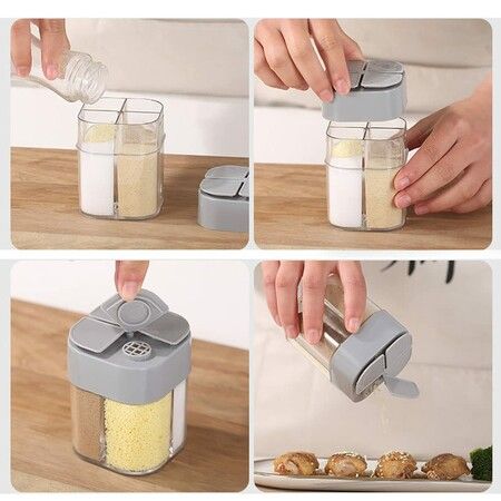 2 PCS 4 in 1 Plastic Salt Pepper Shaker 4 Grids Flip Spice Dispensers for Home Kitchen Camping Picnic Outdoor Barbecue White Grey