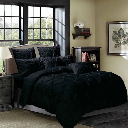 Diamond Pintuck Super King Size Black Duvet Quilt Cover Set