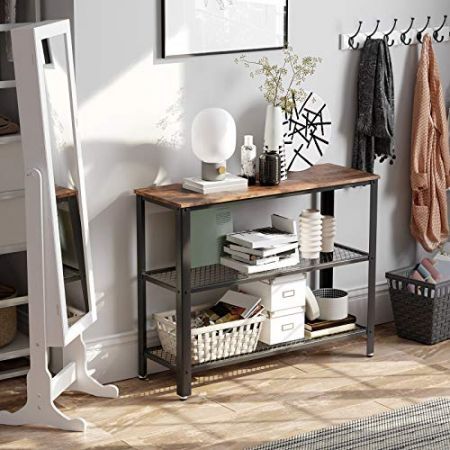 VASAGLE Industrial Console Table with 2 Mesh Shelves Rustic Brown and Black