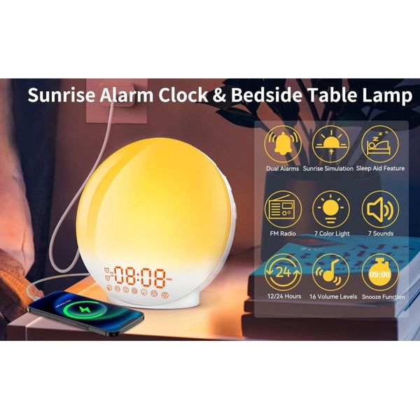 Sunrise Alarm Clock Wake Up Light 7 Sounds, Dual Alarms, Snooze, FM Radio