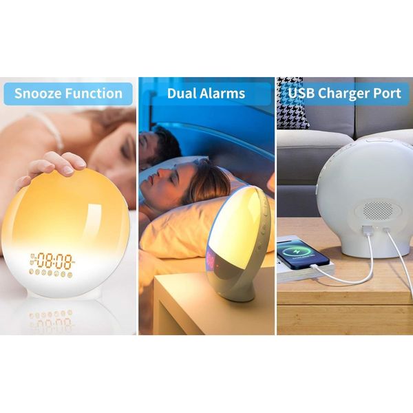 Sunrise Alarm Clock Wake Up Light 7 Sounds, Dual Alarms, Snooze, FM Radio