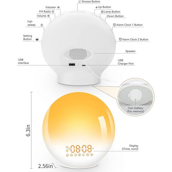 Sunrise Alarm Clock Wake Up Light 7 Sounds, Dual Alarms, Snooze, FM Radio