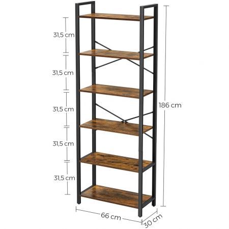 VASAGLE 6-Tier Bookcase Storage Shelf Steel Frame for Living Room Study Office Hallway Industrial Design Vintage Brown Black