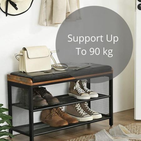 VASAGLE Shoe Bench Padded Bench with Mesh Shelf Shoe Rack Brown Black