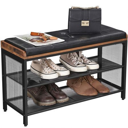 VASAGLE Shoe Bench Padded Bench with Mesh Shelf Shoe Rack Brown Black