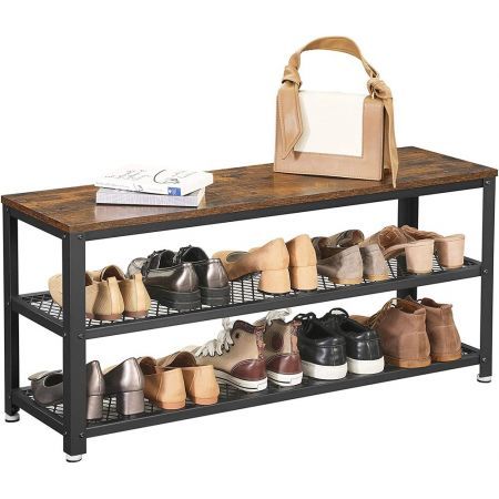 VASAGLE Shoe Bench Rack with 2 Shelves Rustic Brown and Black