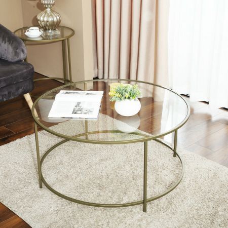 VASAGLE Round Coffee Table Glass Table with Steel Frame Gold