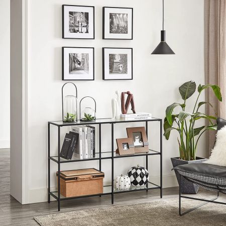 VASAGLE Storage Rack Console Sofa Table with 3 Shelves Steel Frame Tempered Glass Shelf Modern Style Black