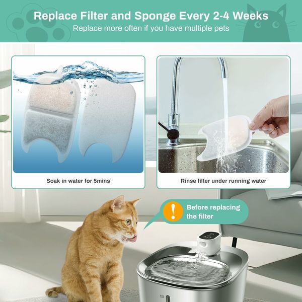 12-Pack Replacement Filters & Sponges for 4L Wireless Cat Dog Water Fountain, Triple Filtration System Pet Water Filter