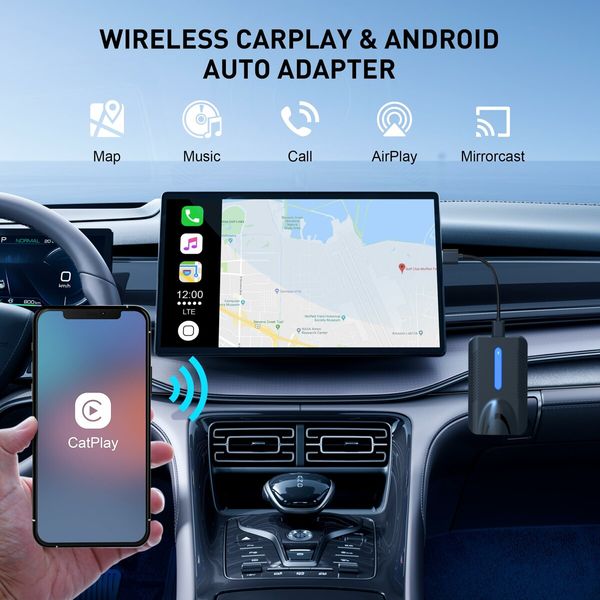 Wireless CarPlay Android Auto Adapter 4 in 1 AI Box Lite for Factory Wired Cars Plug and Play with Airplay MirroCast Function