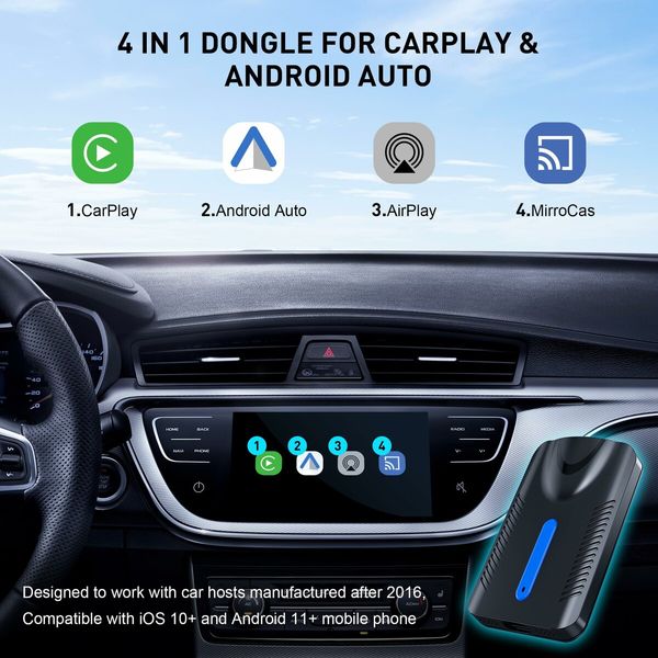 Wireless CarPlay Android Auto Adapter 4 in 1 AI Box Lite for Factory Wired Cars Plug and Play with Airplay MirroCast Function