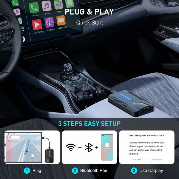 Wireless CarPlay Android Auto Adapter 4 in 1 AI Box Lite for Factory Wired Cars Plug and Play with Airplay MirroCast Function