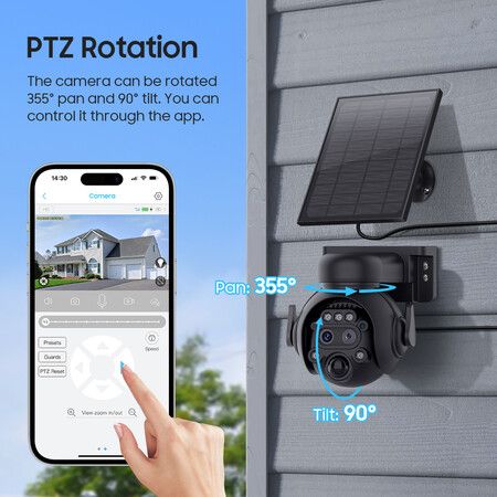 6MP Security Solar Cameras Wireless Outdoor 12X Zoom WiFi Battery Powered 355 Degree with PIR Motion Detection,Color Night Vision,Spotlight Siren