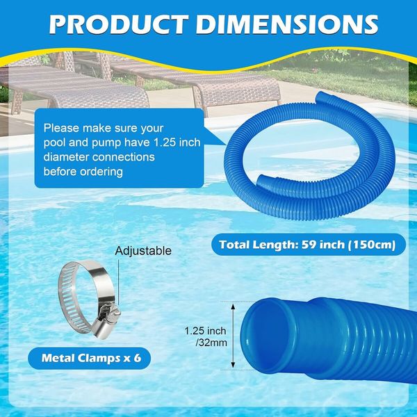 2 Pcs 1.25Inch Pool Hose, 1.5 Meters Long Accessory Pool Pump Replacement Hoses, Blue