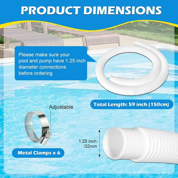 2 Pcs 1.25Inch Pool Hose, 1.5 Meters Long Accessory Pool Pump Replacement Hoses, White