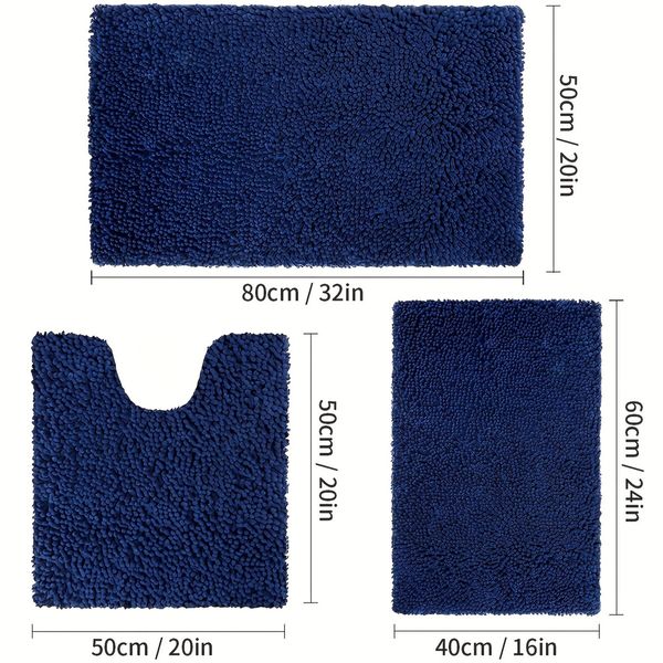 Set of 3 Ultra Soft Non Slip Chenille Absorbent Shaggy Bath Mat Rugs for Bathroom Tub Shower Toilet Navy Blue