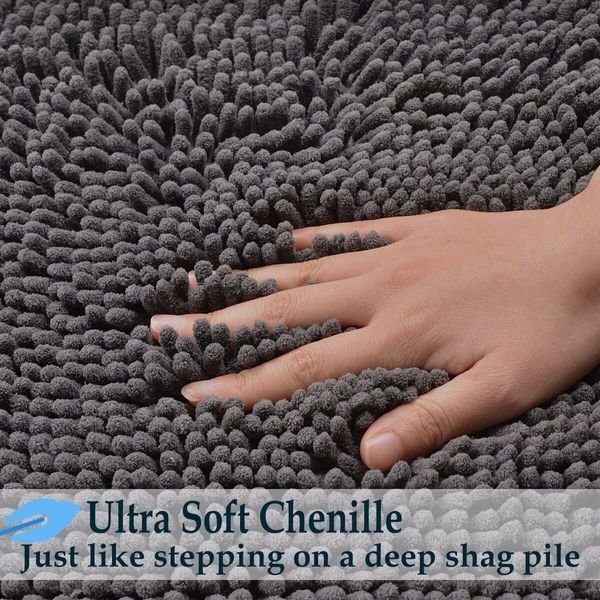 Set of 3 Ultra Soft Non Slip Chenille Absorbent Shaggy Bath Mat Rugs for Bathroom Tub Shower Toilet Dark Grey