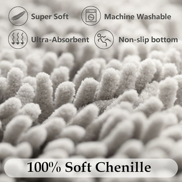 Set of 3 Ultra Soft Non Slip Chenille Absorbent Shaggy Bath Mat Rugs for Bathroom Tub Shower Toilet Light Grey