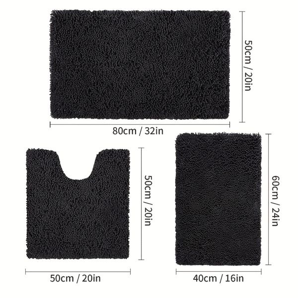 Set of 3 Ultra Soft Non Slip Chenille Absorbent Shaggy Bath Mat Rugs for Bathroom Tub Shower Toilet Black