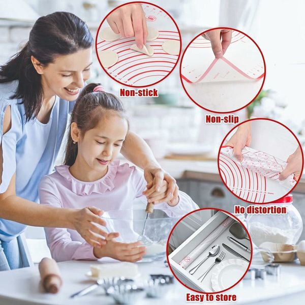 24 x 16 Inches Silicone Pastry Baking Mat Non Slip Pastry Mat with Measurement for Rolling Dough Counter Cookies Pie, Easy to Transfer Sourdough Bread (Red)