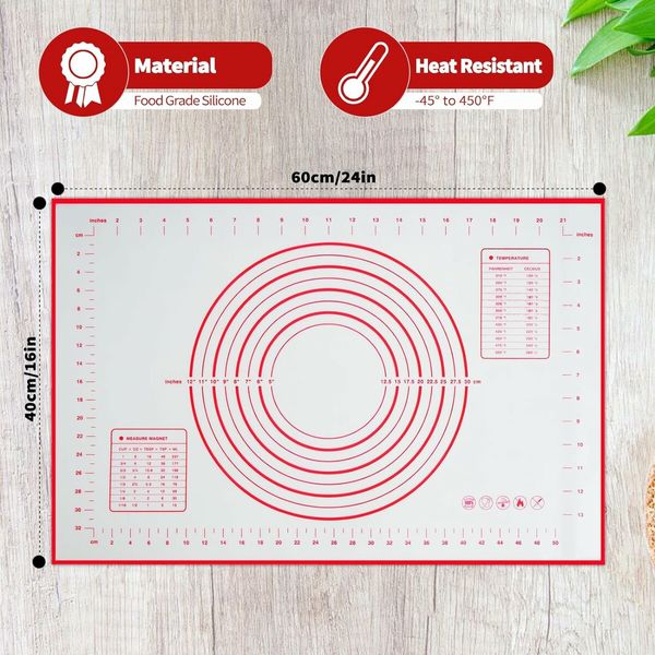 24 x 16 Inches Silicone Pastry Baking Mat Non Slip Pastry Mat with Measurement for Rolling Dough Counter Cookies Pie, Easy to Transfer Sourdough Bread (Red)