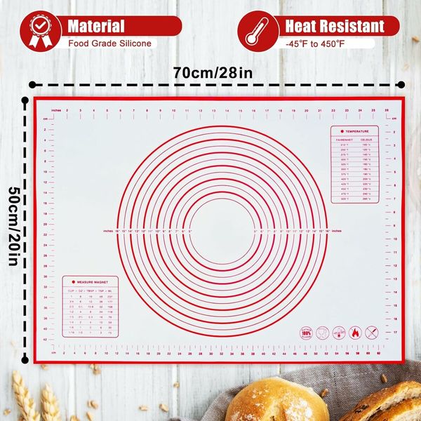 28 x 20 Inches Silicone Pastry Baking Mat Non Slip Pastry Mat with Measurement for Rolling Dough Counter Cookies Pie, Easy to Transfer Sourdough Bread (Red)