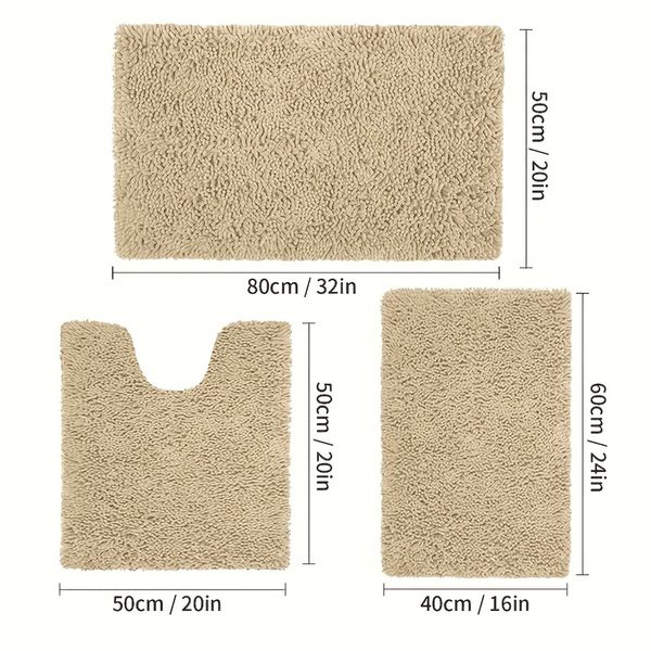 Set of 3 Ultra Soft Non Slip Chenille Absorbent Shaggy Bath Mat Rugs for Bathroom Tub Shower Toilet Camel