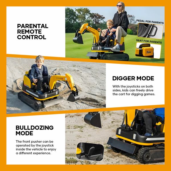 2 in 1 Kids Excavator Bulldozer Toy Ride On Car Remote Control Pedal Digger Tractor Vehicle 360 Degree Rotating 12V 12AH Battery