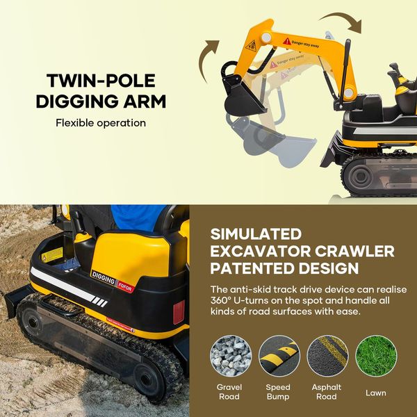 2 in 1 Kids Excavator Bulldozer Toy Ride On Car Remote Control Pedal Digger Tractor Vehicle 360 Degree Rotating 12V 12AH Battery