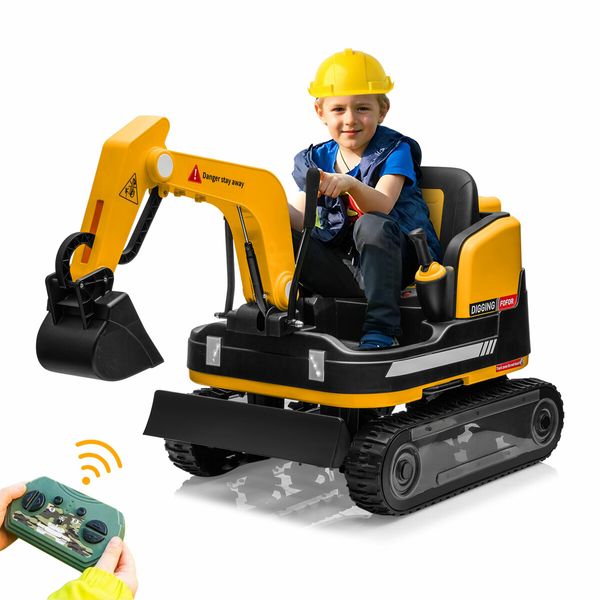 2 in 1 Kids Excavator Bulldozer Toy Ride On Car Remote Control Pedal Digger Tractor Vehicle 360 Degree Rotating 12V 12AH Battery