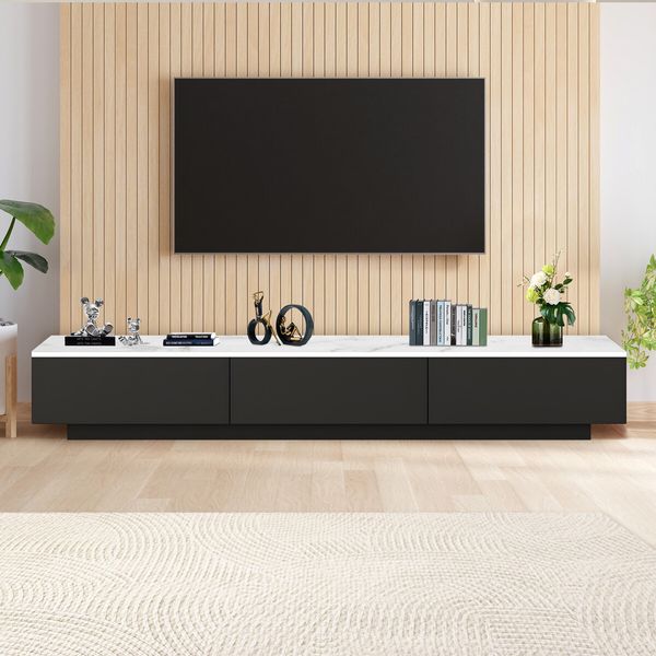 Black TV Unit Cabinet 180cm Wooden Console Table Entertainment Centre Television Stand Storage Drawers White Faux Marble Top